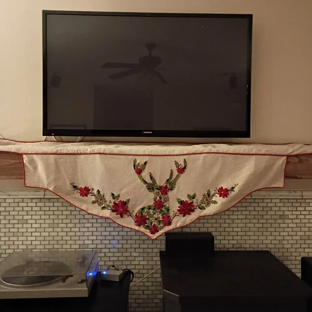 PIer One Christmas Mantle Scarf Reindeer Poinsettia Beaded Drape Runner